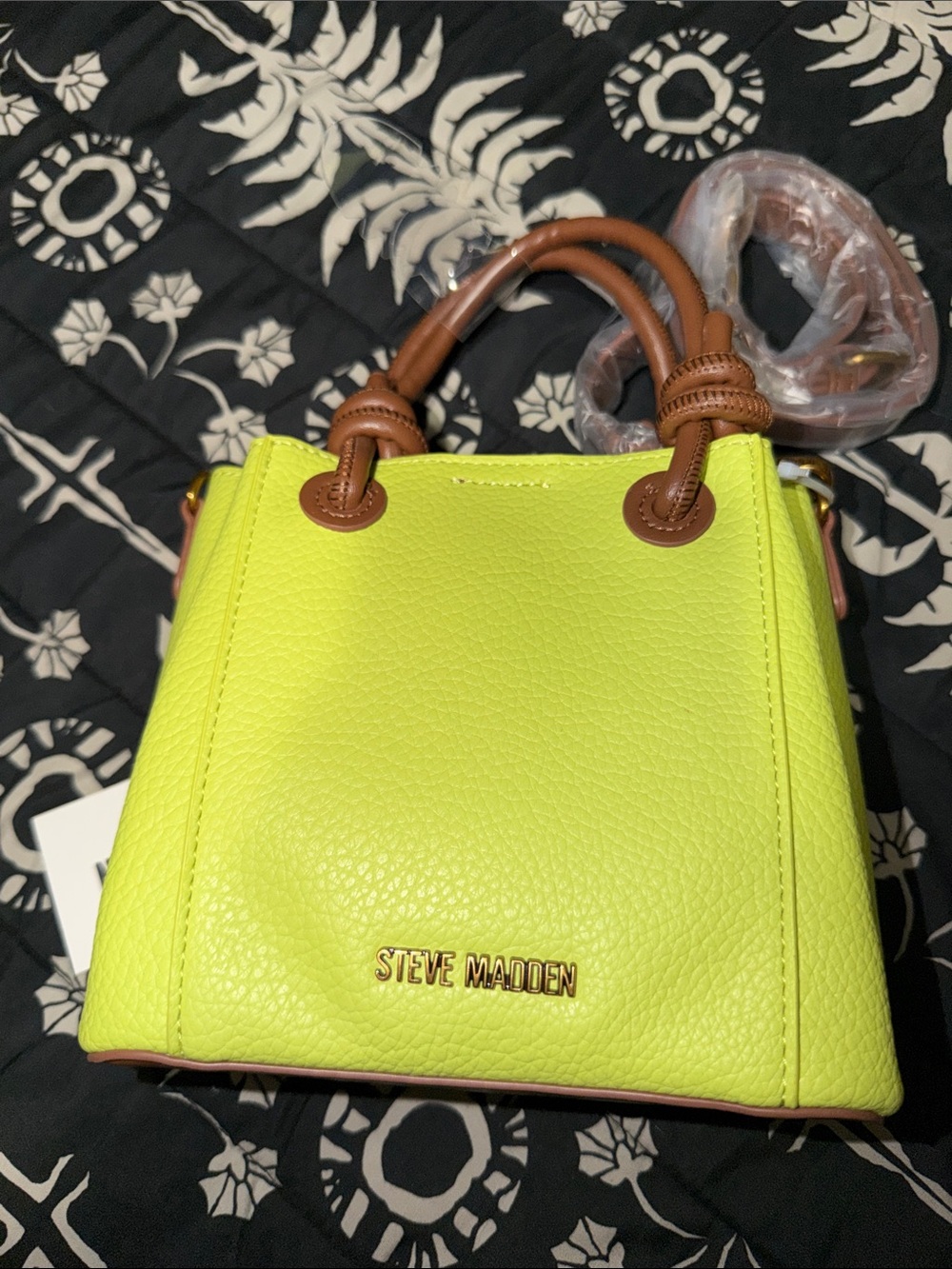 Steve Madden Neon Lime Mini Tote with Tan Handles